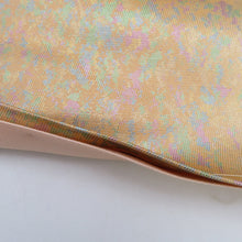 画像をギャラリービューアに読み込む, 袋帯 金糸 ゴールド系 薄オレンジ色ｘ多色 パステル系 サーモンオレンジ 箔紋様 六通柄 正絹 仕立て上がり 長さ432cm