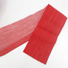 画像をギャラリービューアに読み込む, 名古屋帯 紬 八寸帯 正絹 赤色ｘ白色 縞模様 全通柄 カジュアル 仕立て上がり 着物帯 長さ333cm