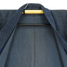 画像をギャラリービューアに読み込む, 男着物 アンティーク 木綿 アンサンブル 書生絣 紺色ｘ青色ｘ灰色 袷 カジュアル着物 羽織 着流し 身丈133cm