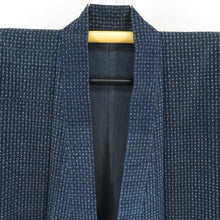 画像をギャラリービューアに読み込む, 男着物 アンティーク 木綿 アンサンブル 書生絣 紺色ｘ青色ｘ灰色 袷 カジュアル着物 羽織 着流し 身丈133cm