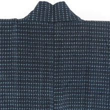 画像をギャラリービューアに読み込む, 男着物 アンティーク 木綿 アンサンブル 書生絣 紺色ｘ青色ｘ灰色 袷 カジュアル着物 羽織 着流し 身丈133cm