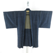 画像をギャラリービューアに読み込む, 男着物 アンティーク 木綿 アンサンブル 書生絣 紺色ｘ青色ｘ灰色 袷 カジュアル着物 羽織 着流し 身丈133cm