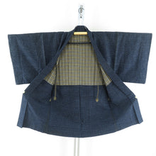 画像をギャラリービューアに読み込む, 男着物 アンティーク 木綿 アンサンブル 書生絣 紺色ｘ青色ｘ灰色 袷 カジュアル着物 羽織 着流し 身丈133cm