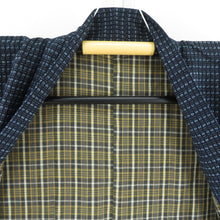 画像をギャラリービューアに読み込む, 男着物 アンティーク 木綿 アンサンブル 書生絣 紺色ｘ青色ｘ灰色 袷 カジュアル着物 羽織 着流し 身丈133cm