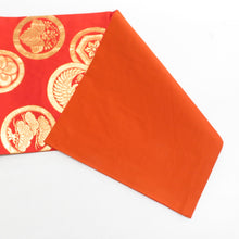 Load image into Gallery viewer, 袋帯 金糸 オレンジ系 オレンジ色ｘ金色 家紋文様 六通柄 レトロ 正絹 仕立て上がり 長さ416cm
