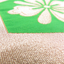 Load image into Gallery viewer, 袋帯 金糸 グリーン系 緑色ｘ金色 亀甲に菊紋様 六通柄 レトロ 正絹 仕立て上がり 長さ416cm