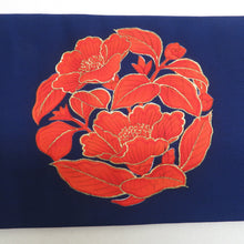 Load image into Gallery viewer, 名古屋帯 正絹 塩瀬 ブルー系 青色ｘ赤オレンジ色 花紋文様 お太鼓柄 カジュアル 仕立て上がり 着物帯 長さ357cm