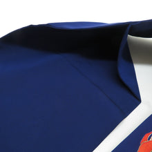 Load image into Gallery viewer, 名古屋帯 正絹 塩瀬 ブルー系 青色ｘ赤オレンジ色 花紋文様 お太鼓柄 カジュアル 仕立て上がり 着物帯 長さ357cm