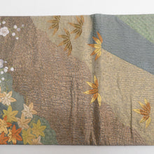 Load image into Gallery viewer, 袋帯 正絹 纐纈 ふくれ織 金色ｘ緑色ｘ黄色ｘ多色 四季紋様 お太鼓柄 仕立て上がり 着物帯 長さ440cm