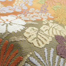 Load image into Gallery viewer, 袋帯 唐織 金糸 金色ｘ茶色ｘ多色 六通柄 菊紋様 正絹 仕立て上がり 長さ432cm