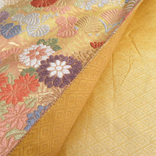 Load image into Gallery viewer, 袋帯 唐織 金糸 金色ｘ茶色ｘ多色 六通柄 菊紋様 正絹 仕立て上がり 長さ432cm