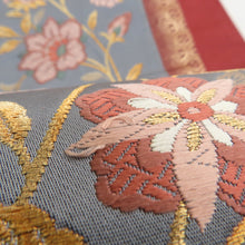 Load image into Gallery viewer, 袋帯 金糸 金色ｘ灰色ｘ茶色 六通柄 縦縞に鳥と唐草花様 正絹 仕立て上がり 長さ432cm