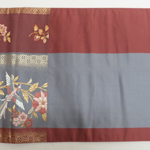 Load image into Gallery viewer, 袋帯 金糸 金色ｘ灰色ｘ茶色 六通柄 縦縞に鳥と唐草花様 正絹 仕立て上がり 長さ432cm