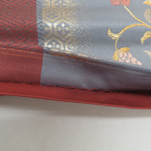 Load image into Gallery viewer, 袋帯 金糸 金色ｘ灰色ｘ茶色 六通柄 縦縞に鳥と唐草花様 正絹 仕立て上がり 長さ432cm