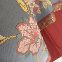 Load image into Gallery viewer, 袋帯 金糸 金色ｘ灰色ｘ茶色 六通柄 縦縞に鳥と唐草花様 正絹 仕立て上がり 長さ432cm