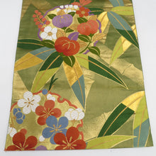 画像をギャラリービューアに読み込む, 袋帯 グリーン系 緑色ｘ金色ｘ多色 金糸 雪輪に草花紋様 六通柄 正絹 仕立て上がり 着物帯 長さ432cm