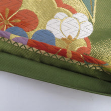 画像をギャラリービューアに読み込む, 袋帯 グリーン系 緑色ｘ金色ｘ多色 金糸 雪輪に草花紋様 六通柄 正絹 仕立て上がり 着物帯 長さ432cm
