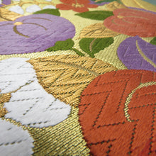 画像をギャラリービューアに読み込む, 袋帯 グリーン系 緑色ｘ金色ｘ多色 金糸 雪輪に草花紋様 六通柄 正絹 仕立て上がり 着物帯 長さ432cm