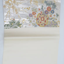 画像をギャラリービューアに読み込む, 袋帯 シルバー系 金糸銀糸 銀色ｘ多色 鼓に花々紋様 六通柄 正絹 仕立て上がり 着物帯 長さ432cm