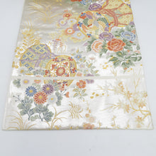 画像をギャラリービューアに読み込む, 袋帯 シルバー系 金糸銀糸 銀色ｘ多色 鼓に花々紋様 六通柄 正絹 仕立て上がり 着物帯 長さ432cm