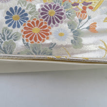 画像をギャラリービューアに読み込む, 袋帯 シルバー系 金糸銀糸 銀色ｘ多色 鼓に花々紋様 六通柄 正絹 仕立て上がり 着物帯 長さ432cm