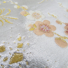 画像をギャラリービューアに読み込む, 袋帯 シルバー系 金糸銀糸 銀色ｘ多色 鼓に花々紋様 六通柄 正絹 仕立て上がり 着物帯 長さ432cm