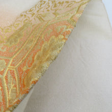 画像をギャラリービューアに読み込む, 袋帯 綴れ オレンジ色ｘ金色 金糸 お太鼓柄 華紋に唐草 正絹 仕立て上がり 着物帯 長さ432cm