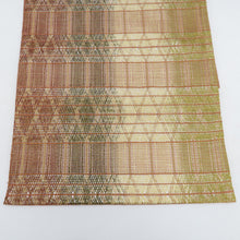 画像をギャラリービューアに読み込む, 袋帯 洒落袋帯 組織 幾何学模様 金糸 茶色系 深緑色ｘ薄茶色 六通柄 正絹 仕立て上がり 着物帯 長さ448cm