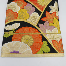 画像をギャラリービューアに読み込む, 袋帯 黒色ｘ多色 金糸 黒地 菊紋紋様 六通柄 正絹 仕立て上がり 着物帯 長さ416cm