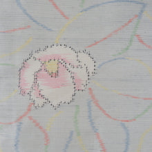 画像をギャラリービューアに読み込む, 紬 着物 単衣 椿模様 薄青色ｘピンク色ｘ多色 パステル系 バチ衿 正絹 仕立て上がり着物 身丈161cm