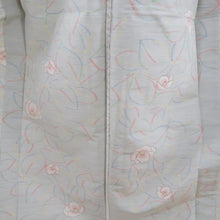 画像をギャラリービューアに読み込む, 紬 着物 単衣 椿模様 薄青色ｘピンク色ｘ多色 パステル系 バチ衿 正絹 仕立て上がり着物 身丈161cm