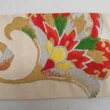 画像をギャラリービューアに読み込む, 名古屋帯 正絹 本綴れ 花紋様 お太鼓柄 金糸銀糸 ベージュ色ｘ金色x多色 カジュアル 仕立て上がり 着物帯 長さ364cm