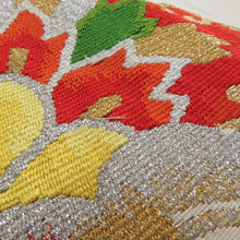 画像をギャラリービューアに読み込む, 名古屋帯 正絹 本綴れ 花紋様 お太鼓柄 金糸銀糸 ベージュ色ｘ金色x多色 カジュアル 仕立て上がり 着物帯 長さ364cm