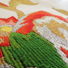 画像をギャラリービューアに読み込む, 名古屋帯 正絹 本綴れ 花紋様 お太鼓柄 金糸銀糸 ベージュ色ｘ金色x多色 カジュアル 仕立て上がり 着物帯 長さ364cm