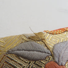 画像をギャラリービューアに読み込む, 名古屋帯 正絹 扇子に鳥紋様 刺繍入り お太鼓柄 薄オレンジ色ｘ金色ｘ多色 金糸 カジュアル 仕立て上がり 着物帯 長さ343cm