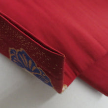 画像をギャラリービューアに読み込む, 名古屋帯 アンティーク帯 昔名古屋帯 エンジ色ｘ青色ｘ多色 六通柄 唐草花に花々紋様 正絹 長さ319cm