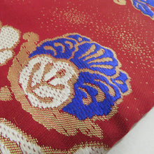 画像をギャラリービューアに読み込む, 名古屋帯 アンティーク帯 昔名古屋帯 エンジ色ｘ青色ｘ多色 六通柄 唐草花に花々紋様 正絹 長さ319cm