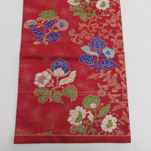 画像をギャラリービューアに読み込む, 名古屋帯 アンティーク帯 昔名古屋帯 エンジ色ｘ青色ｘ多色 六通柄 唐草花に花々紋様 正絹 長さ319cm