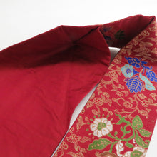 画像をギャラリービューアに読み込む, 名古屋帯 アンティーク帯 昔名古屋帯 エンジ色ｘ青色ｘ多色 六通柄 唐草花に花々紋様 正絹 長さ319cm