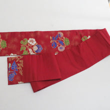 画像をギャラリービューアに読み込む, 名古屋帯 アンティーク帯 昔名古屋帯 エンジ色ｘ青色ｘ多色 六通柄 唐草花に花々紋様 正絹 長さ319cm