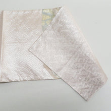 画像をギャラリービューアに読み込む, 袋帯 佐賀錦 金糸銀糸 シャンパンゴールド系 金色ｘ薄ピンク色ｘ銀色 菱型に鳥紋様 六通柄 正絹 仕立て上がり 着物帯 長さ440cm