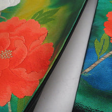 画像をギャラリービューアに読み込む, 名古屋帯 正絹 花紋様 お太鼓柄 黒色ｘ黄緑ｘオレンジ色 金糸 カジュアル 仕立て上がり 着物帯 長さ357cm