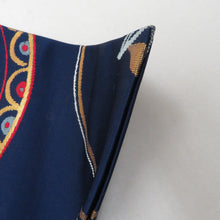 画像をギャラリービューアに読み込む, 名古屋帯 正絹 丸に花紋様 六通柄 紺色ｘ赤色ｘ白色 金糸 カジュアル 仕立て上がり 着物帯 長さ364cm