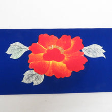 画像をギャラリービューアに読み込む, 名古屋帯 正絹 塩瀬 青色ｘオレンジ赤色ｘ緑色 花紋様 お太鼓柄 カジュアル 仕立て上がり 着物帯 長さ359cm