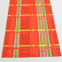 画像をギャラリービューアに読み込む, 名古屋帯 正絹 博多織 オレンジ色ｘ黄色x緑色 幾何学模様 六通柄 カジュアル 仕立て上がり 着物帯 長さ362cm