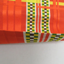 画像をギャラリービューアに読み込む, 名古屋帯 正絹 博多織 オレンジ色ｘ黄色x緑色 幾何学模様 六通柄 カジュアル 仕立て上がり 着物帯 長さ362cm