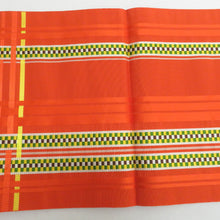 画像をギャラリービューアに読み込む, 名古屋帯 正絹 博多織 オレンジ色ｘ黄色x緑色 幾何学模様 六通柄 カジュアル 仕立て上がり 着物帯 長さ362cm