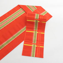 画像をギャラリービューアに読み込む, 名古屋帯 正絹 博多織 オレンジ色ｘ黄色x緑色 幾何学模様 六通柄 カジュアル 仕立て上がり 着物帯 長さ362cm