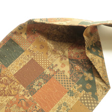 画像をギャラリービューアに読み込む, 名古屋帯 正絹 切嵌に更紗模様 全通柄 茶色ｘ黒色 ブラウン系 カジュアル 仕立て上がり 着物帯 長さ358cm