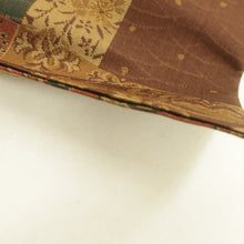 画像をギャラリービューアに読み込む, 名古屋帯 正絹 切嵌に更紗模様 全通柄 茶色ｘ黒色 ブラウン系 カジュアル 仕立て上がり 着物帯 長さ358cm